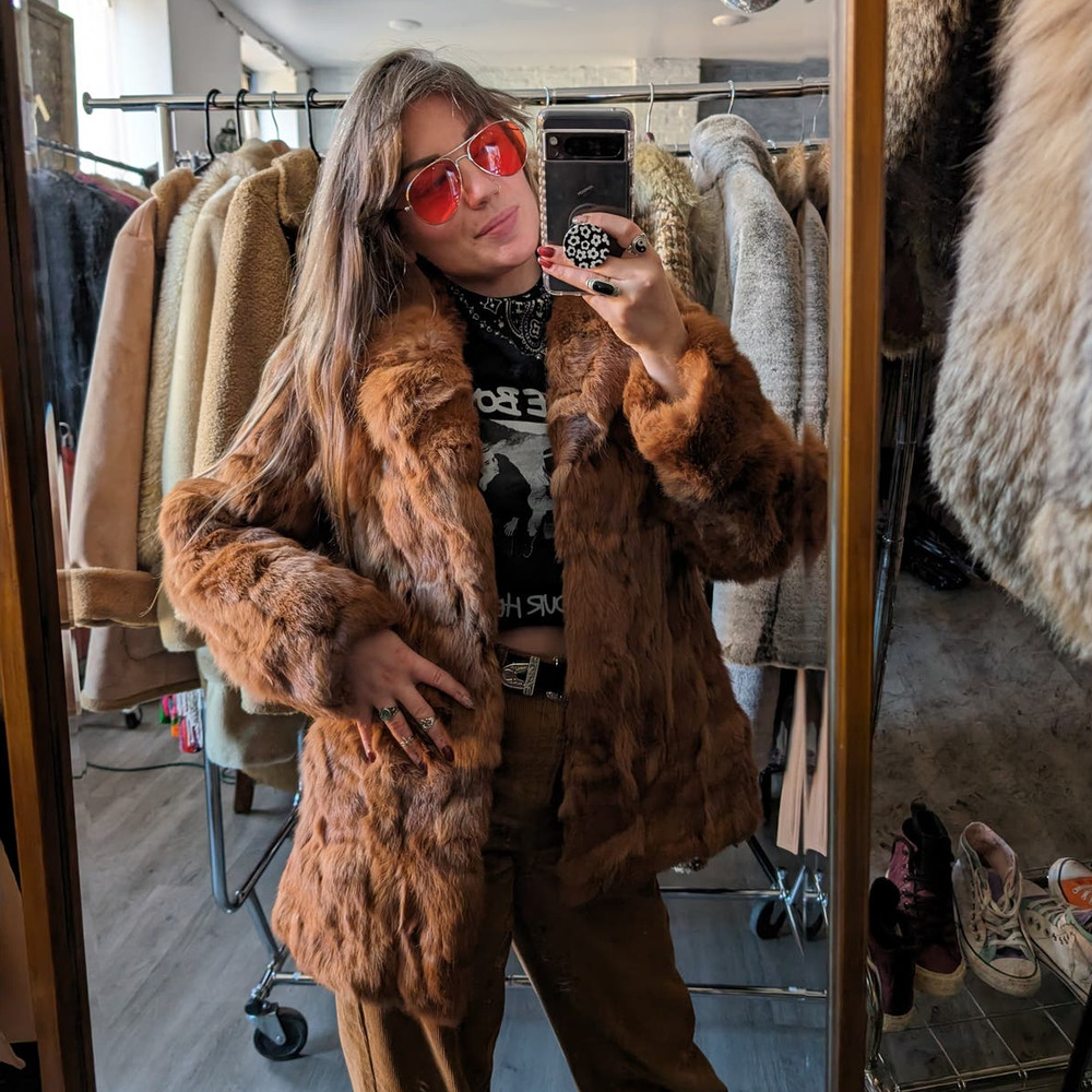 Vintage Mob Wife Rabbit Fur Coat Rusty Red Brown Penny Lane Shaggy Furry Jacket - Picture 2 of 11